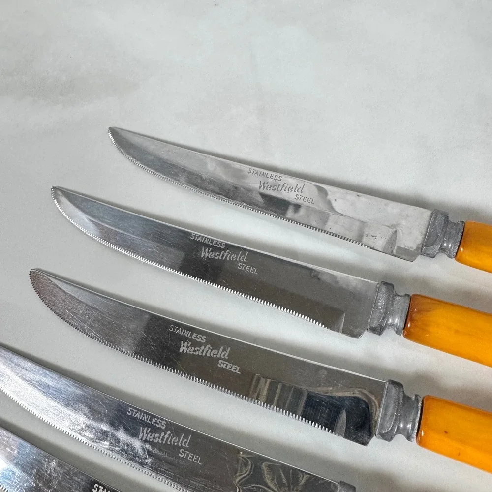 Westfield Stainless Carving Knife Fork 6 Steak Knives Set Butterscotch Bakelite